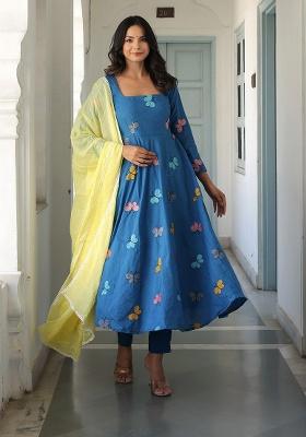Blue Printed Cotton Anarkali Set
