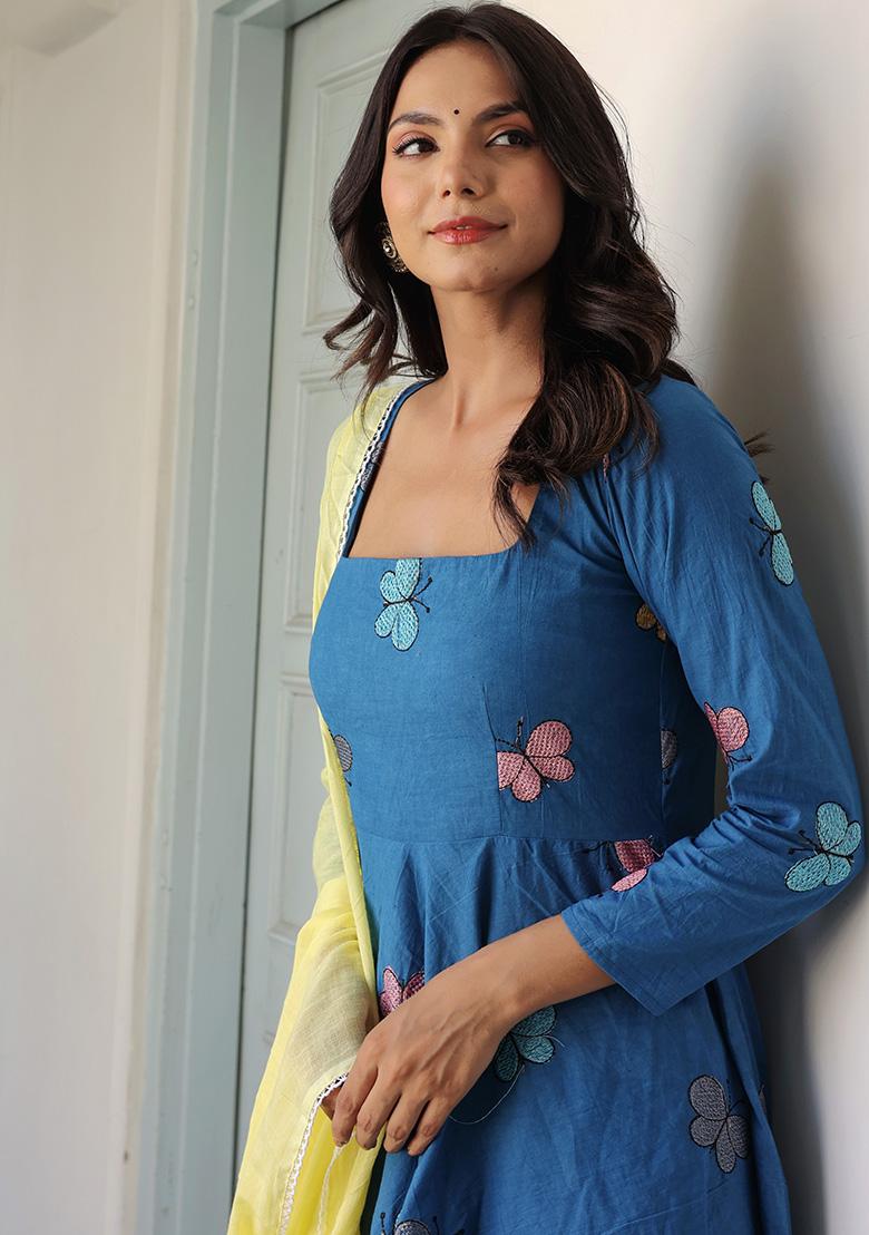 Blue Embroidery Cotton Kurta Set - Indya