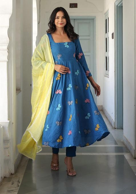 Blue Embroidery Cotton Kurta Set