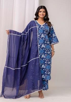 Blue Floral Print Cotton Straight Kurta Set