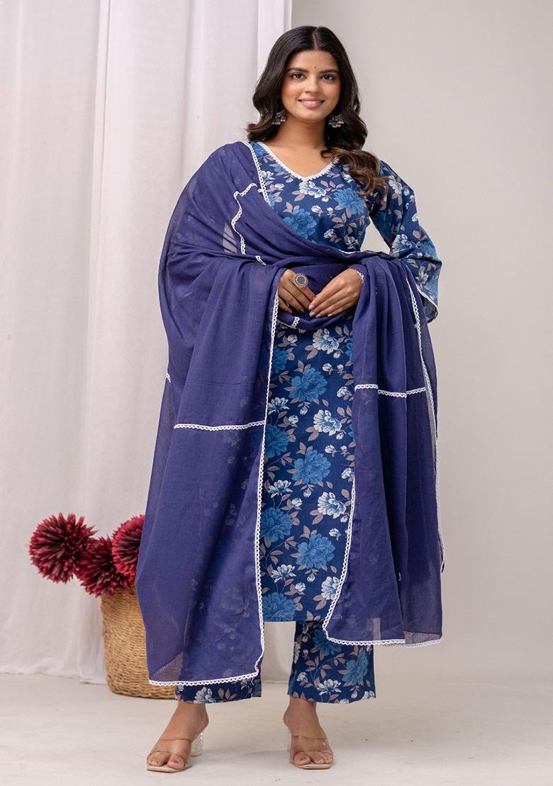 Blue Printed Cotton Kurta Set - Indya