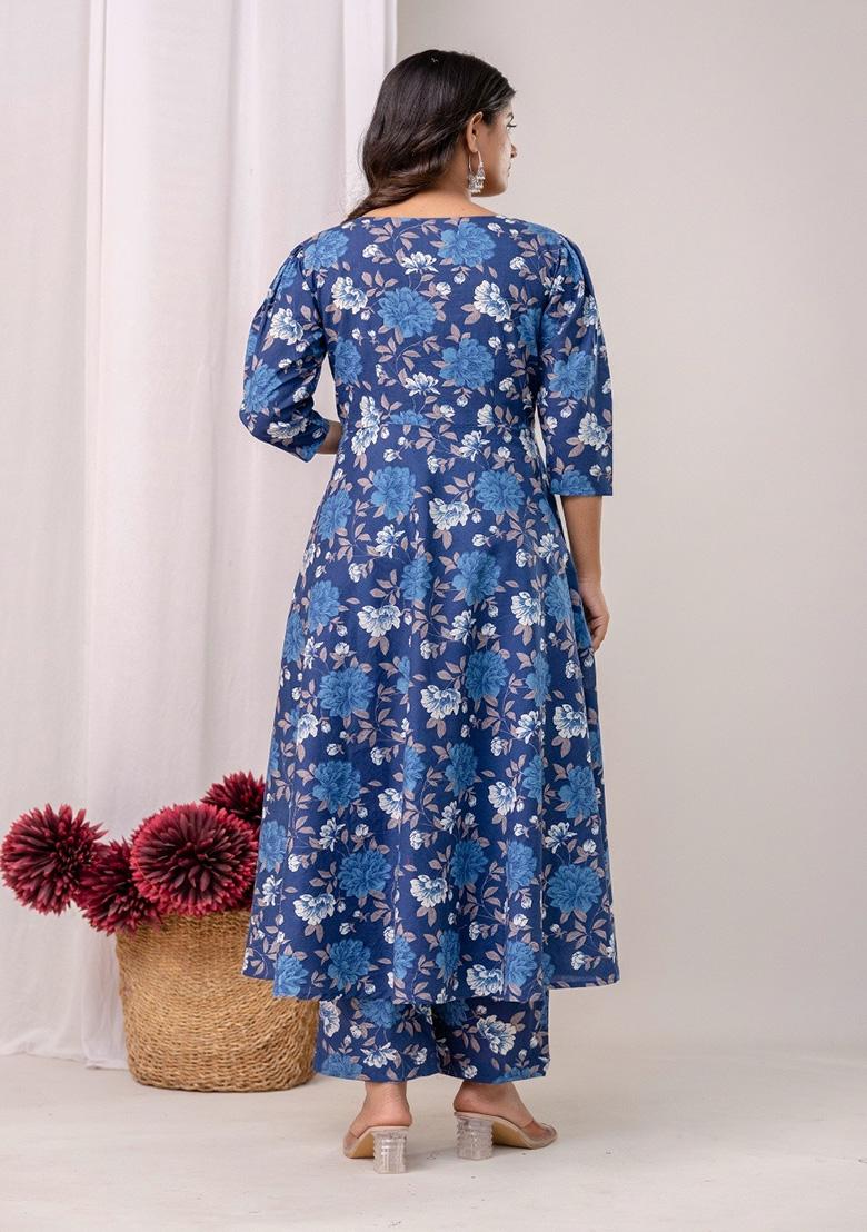 Blue Printed Cotton Kurta Set - Indya