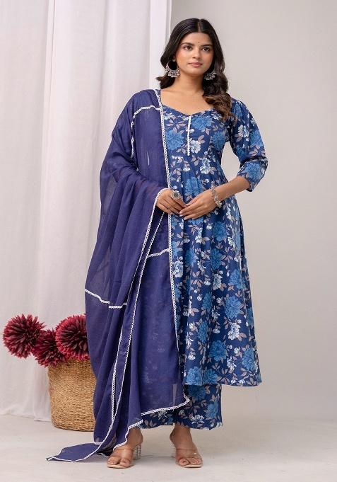 Blue Printed Cotton Kurta Set