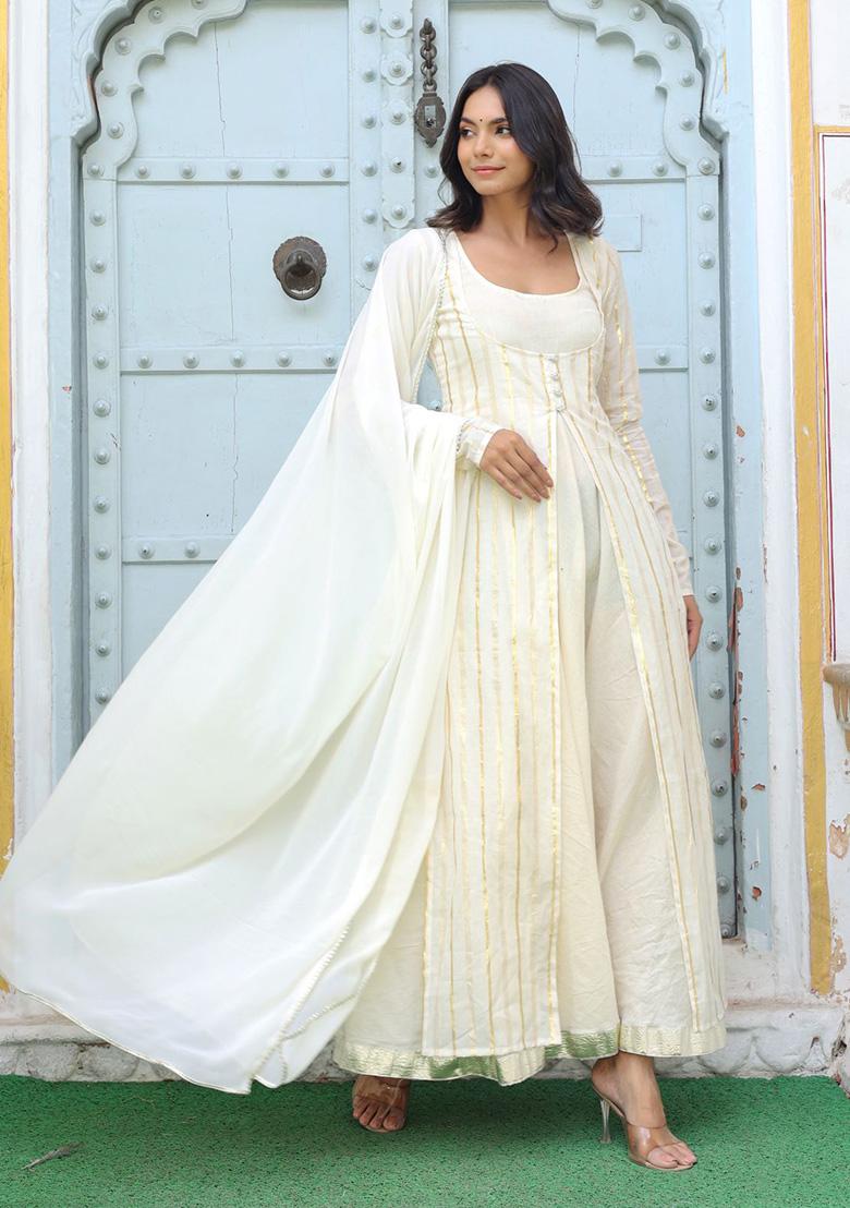 Off White Stripe Cotton Kurta Set - Indya