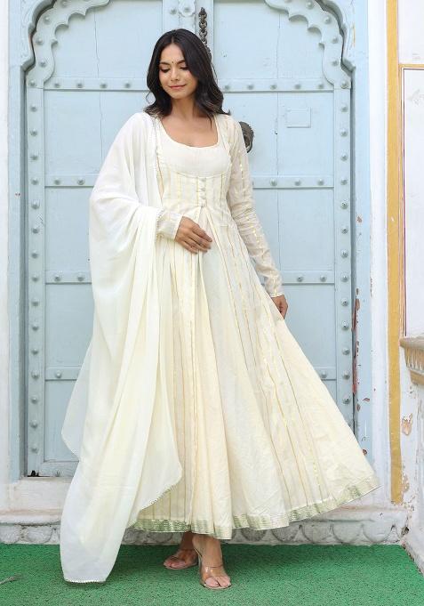 Off White Stripe Cotton Kurta Set