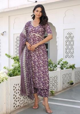 Wine Printed Cotton Kurta Set