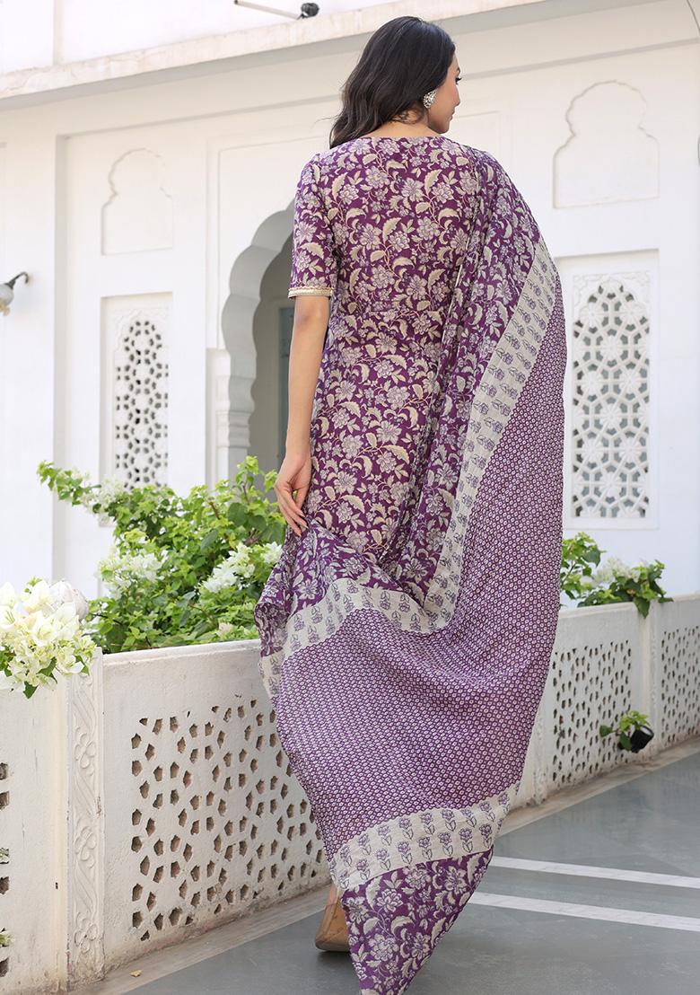 Wine Printed Cotton Kurta Set - Indya