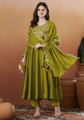 Mehendi Thread Work Silk Kurta Set