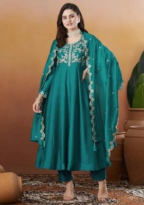 Aqua Blue Thread Work Silk Kurta Set