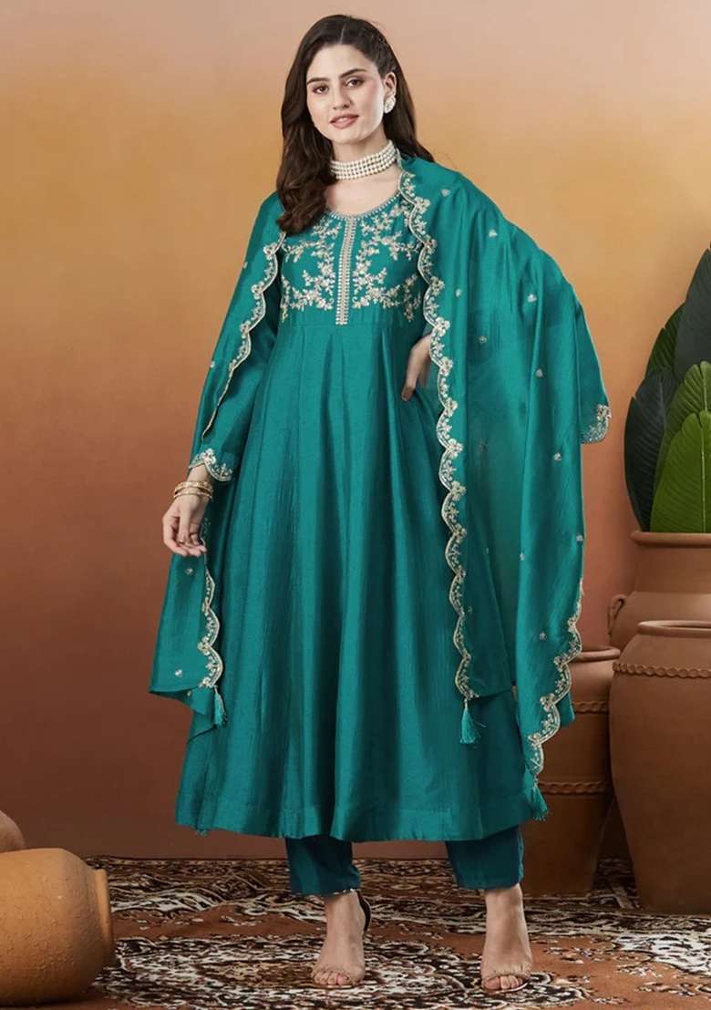 Aqua Blue Embroidered Silk Blend Anarkali Set - Indya