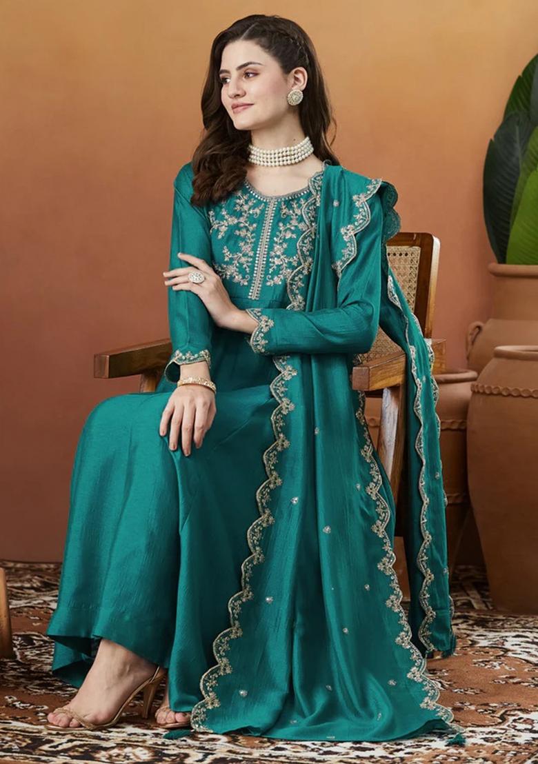 Aqua Blue Thread Work Silk Kurta Set - Indya