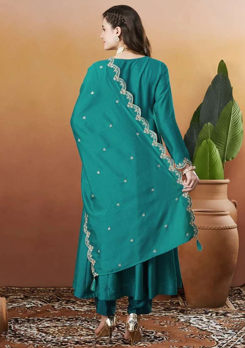 Aqua Blue Embroidered Silk Blend Anarkali Set - Indya
