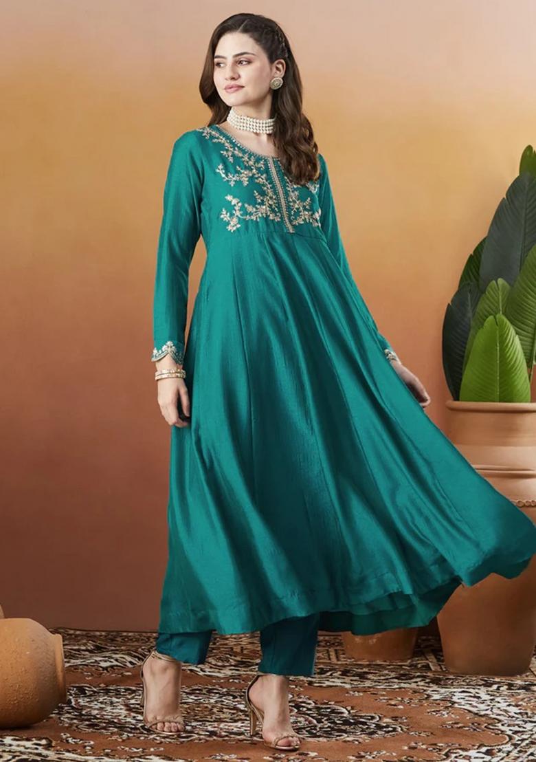Aqua Blue Thread Work Silk Kurta Set - Indya