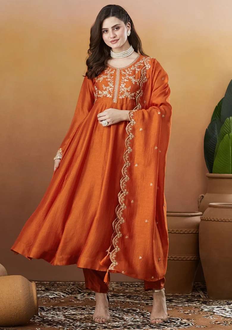 Rust Embroidered Silk Blend Anarkali Set - Indya