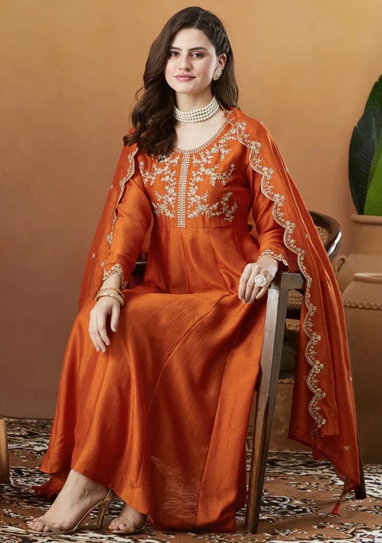 Rust Thread Work Silk Kurta Set - Indya