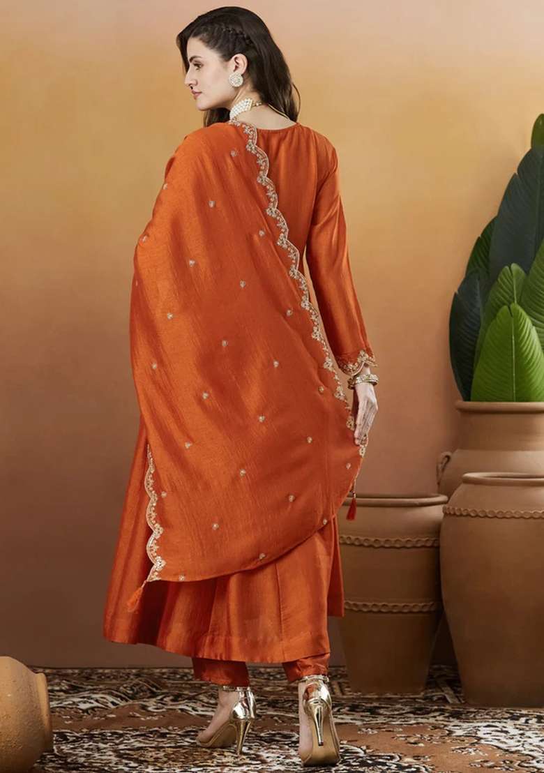 Rust Embroidered Silk Blend Anarkali Set - Indya