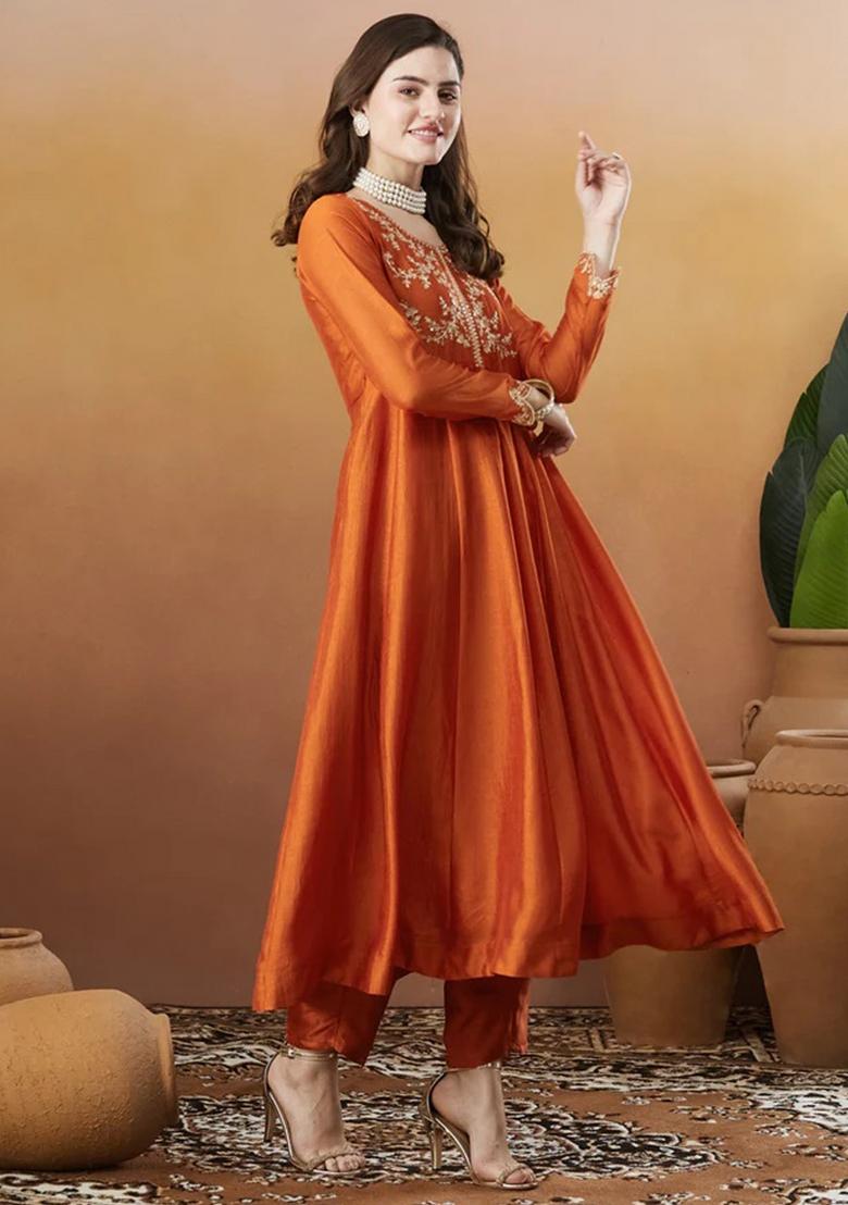 Rust Thread Work Silk Kurta Set - Indya