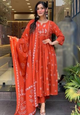 Orange Thread Work Cotton Kurta Set