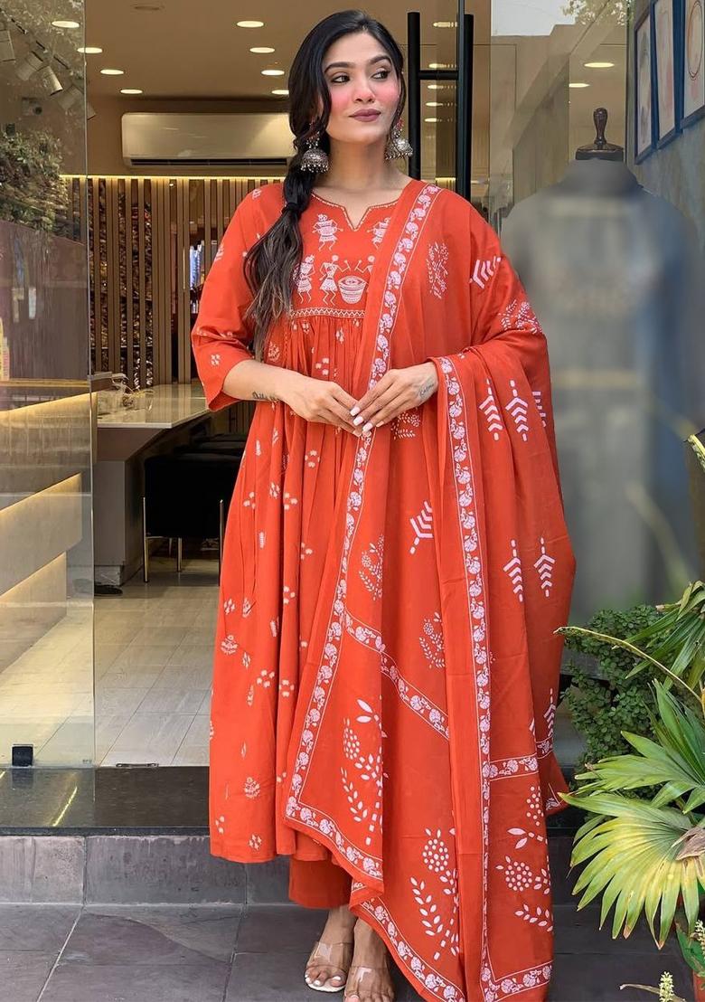 Orange Thread Work Cotton Kurta Set - Indya