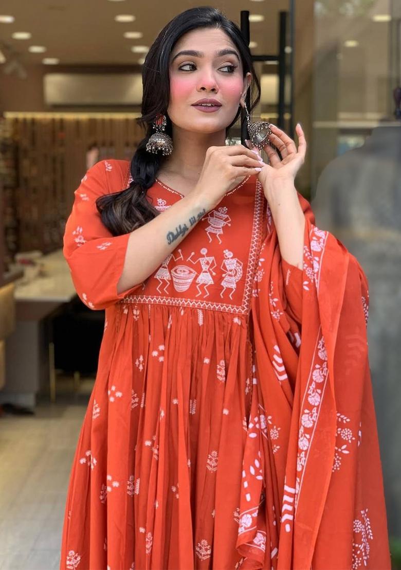 Orange Thread Work Cotton Kurta Set - Indya