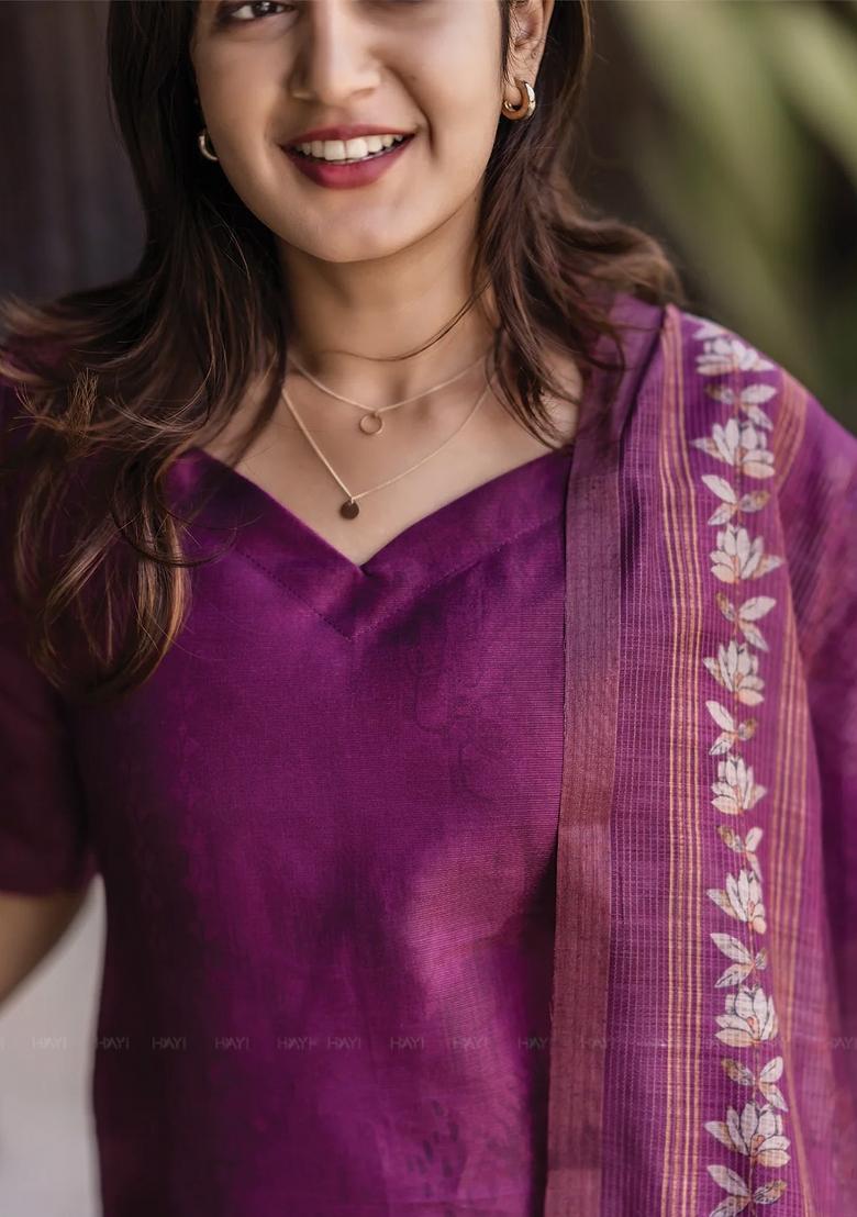 Purple Floral Print Silk Kurta - Indya