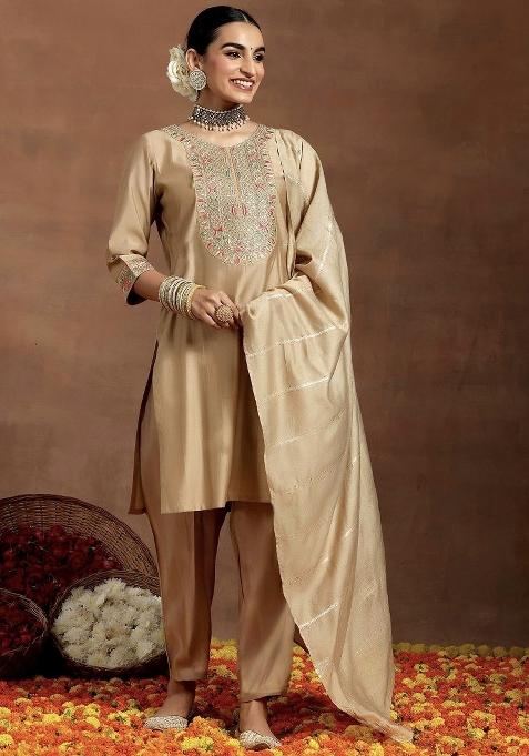 Cream Thread Work Chanderi Kurta Set