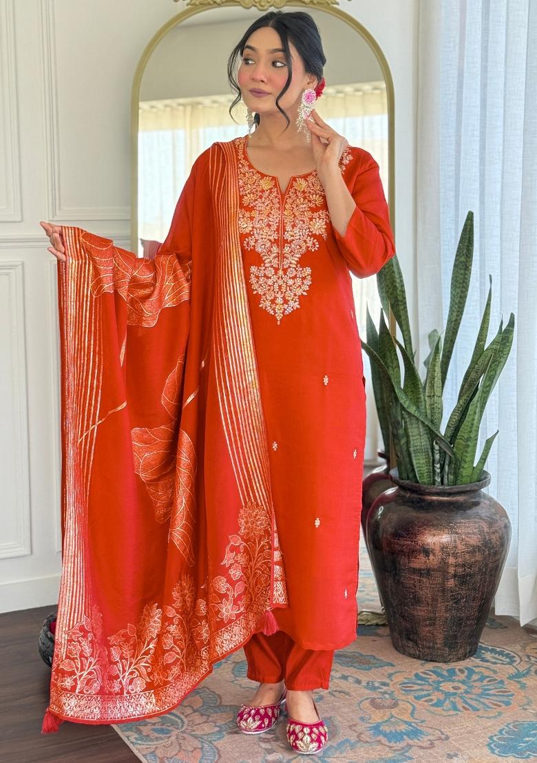 Orange Thread Work Silk Kurta Set - Indya