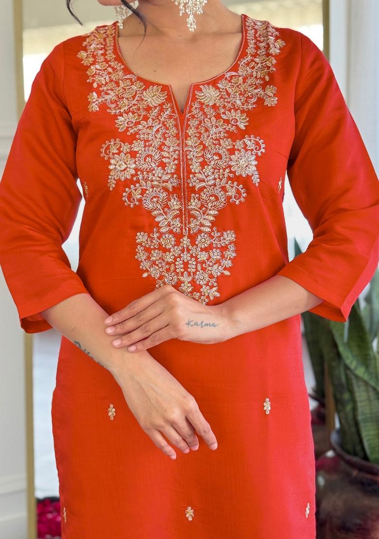 Orange Thread Work Silk Kurta Set - Indya