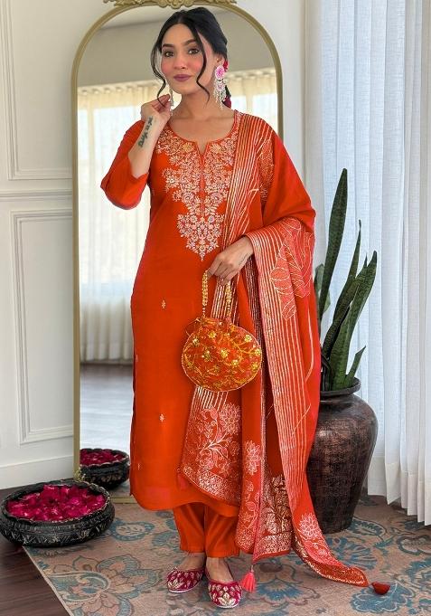 Orange Thread Work Silk Kurta Set
