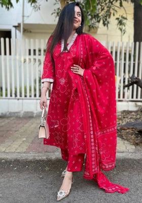 Red Floral Print Rayon Kurta Set