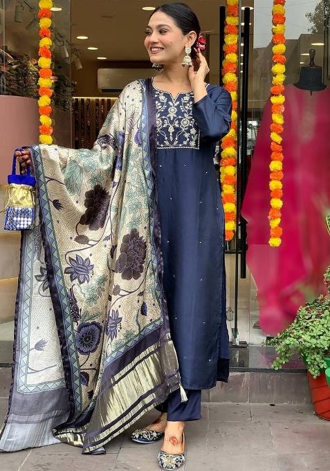 Navy Blue Thread Work Viscose Kurta Set