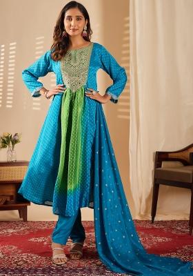 Aqua Blue Dots Print Chinon Kurta Set