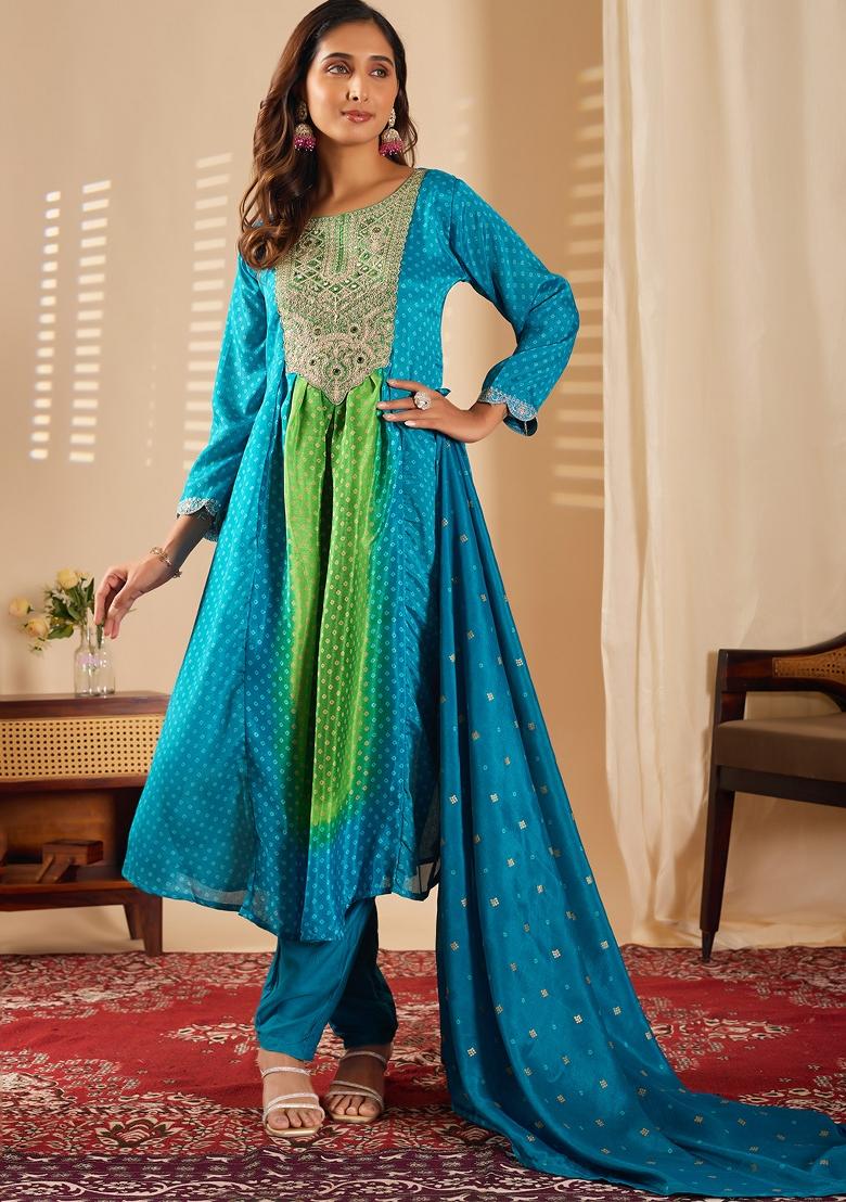 Aqua Blue Dots Print Chinon Kurta Set - Indya
