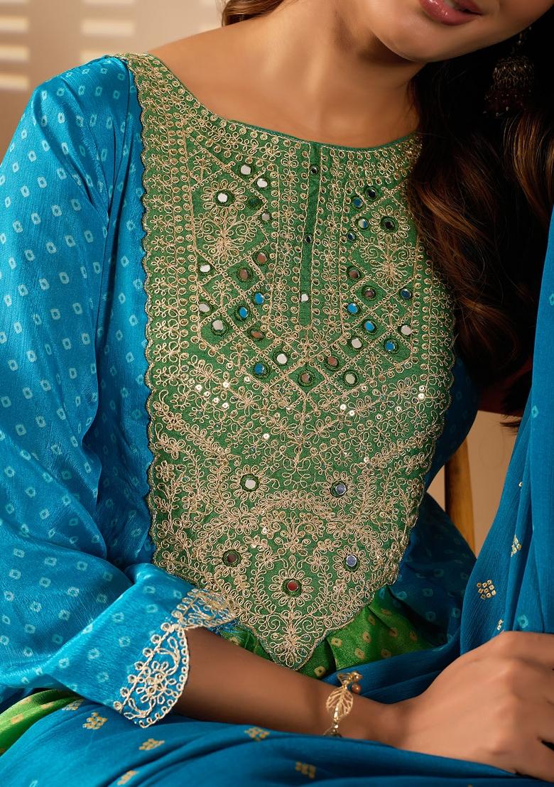 Aqua Blue Dots Print Chinon Kurta Set - Indya