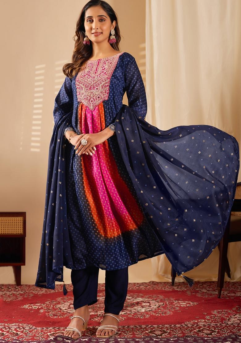 Navy Blue Dots Print Chinon Kurta Set - Indya