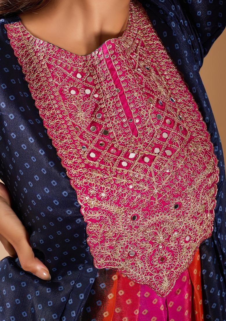 Navy Blue Dots Print Chinon Kurta Set - Indya
