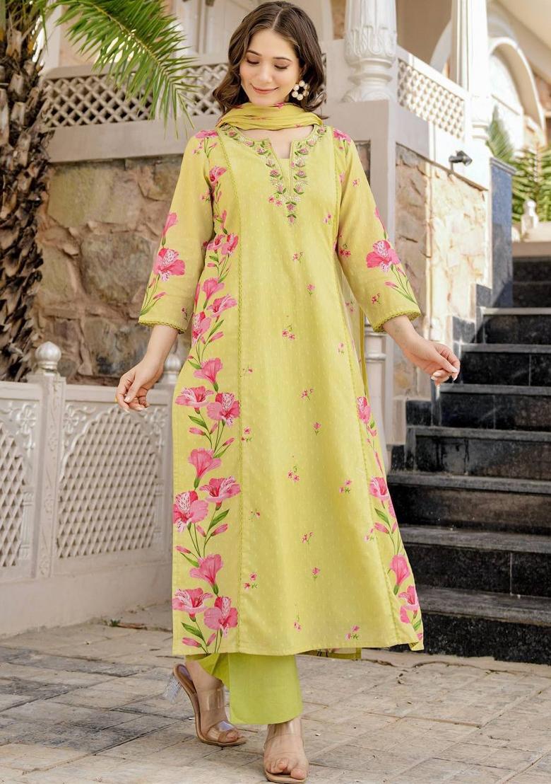 Lemon Floral Print Chanderi Kurta Set - Indya