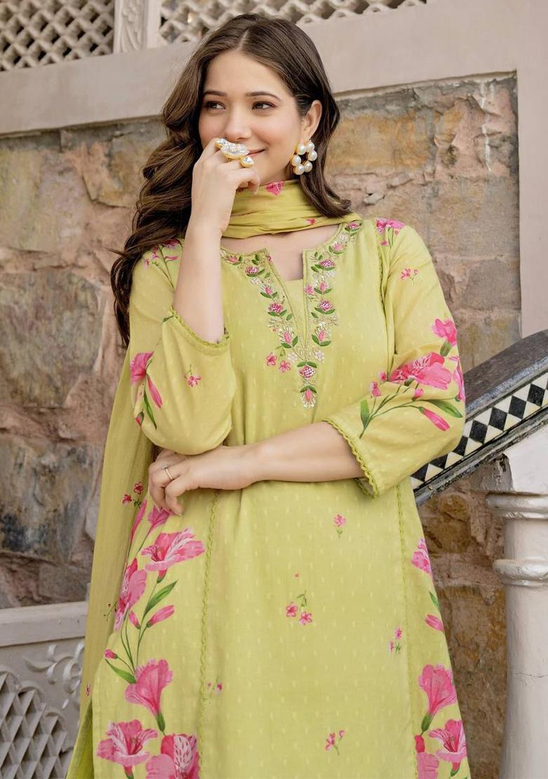 Lemon Floral Print Chanderi Kurta Set - Indya