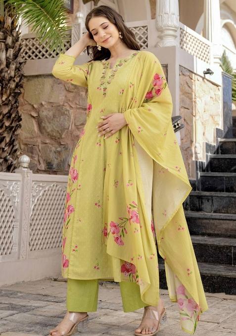 Lemon Floral Print Chanderi Kurta Set