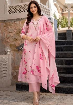 Pink Floral Print Chanderi Kurta Set