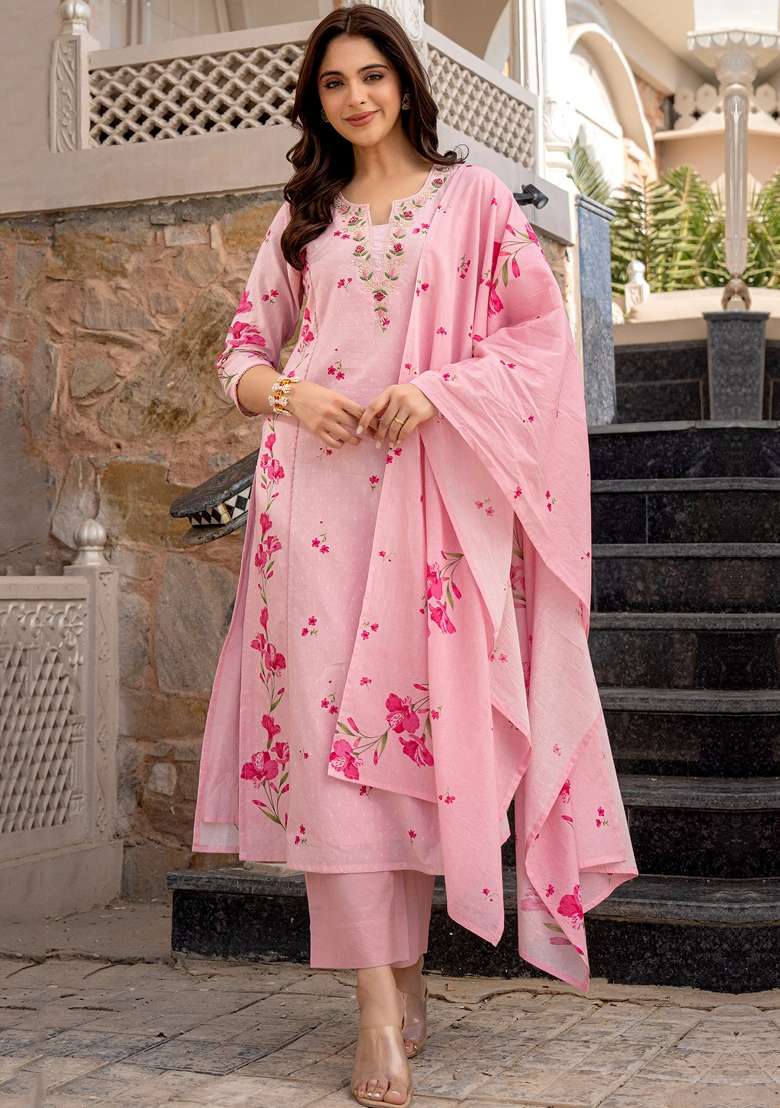 Pink Embroidered Chanderi Straight Kurta Set - Indya