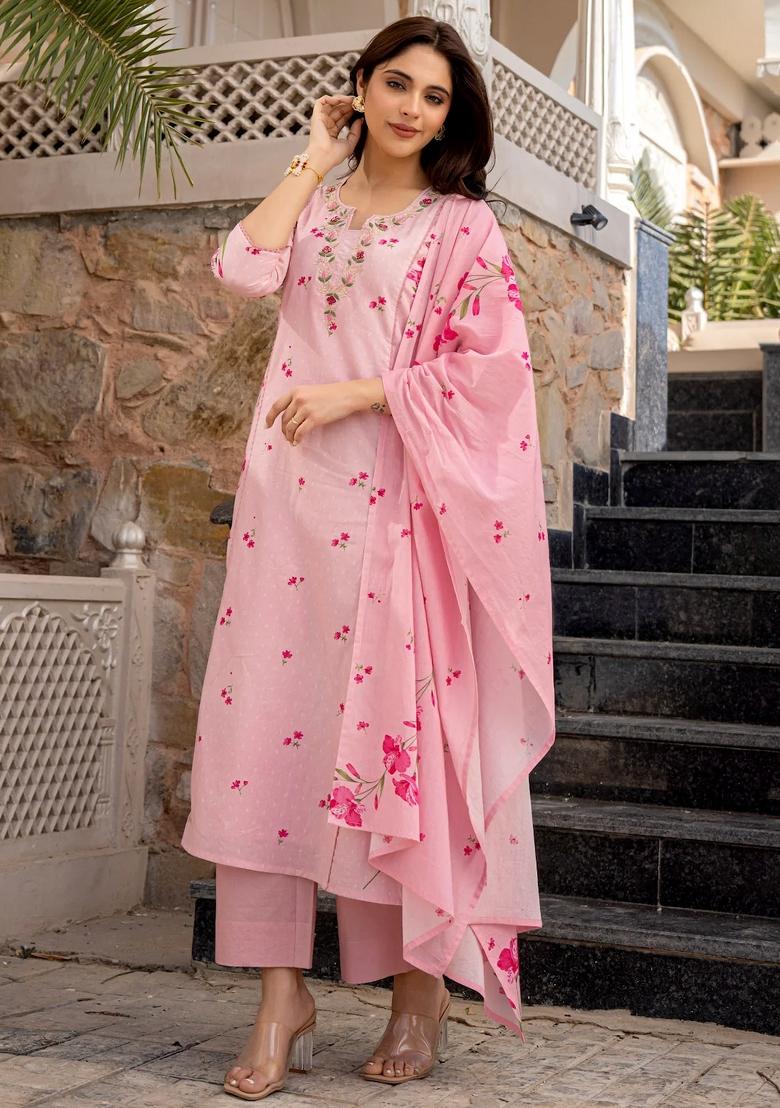 Pink Floral Print Chanderi Kurta Set - Indya