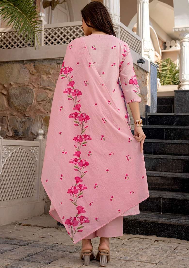 Pink Embroidered Chanderi Straight Kurta Set - Indya