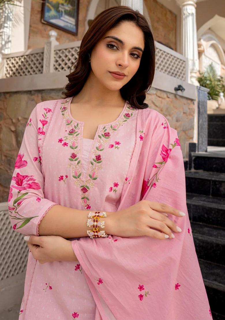 Pink Floral Print Chanderi Kurta Set - Indya