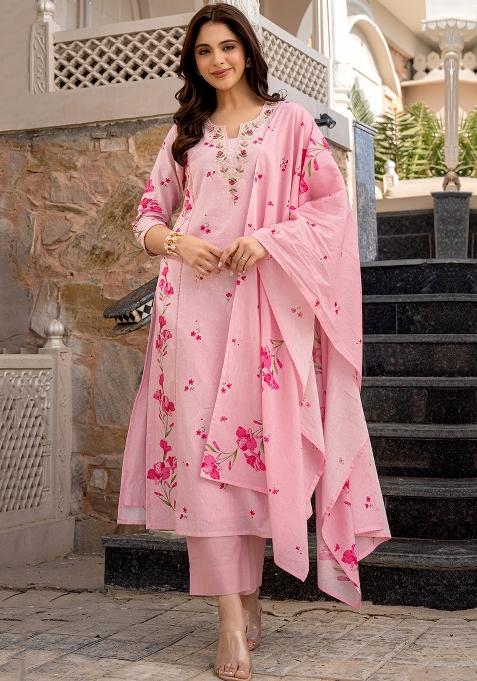 Pink Floral Print Chanderi Kurta Set