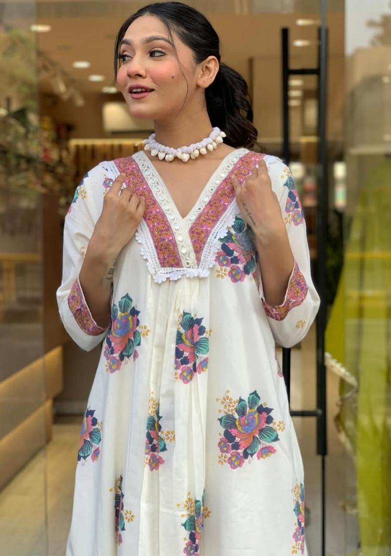 White Floral Print Cotton Kurta Set - Indya