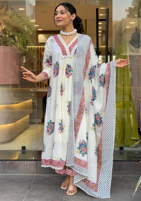White Floral Print Cotton Kurta Set