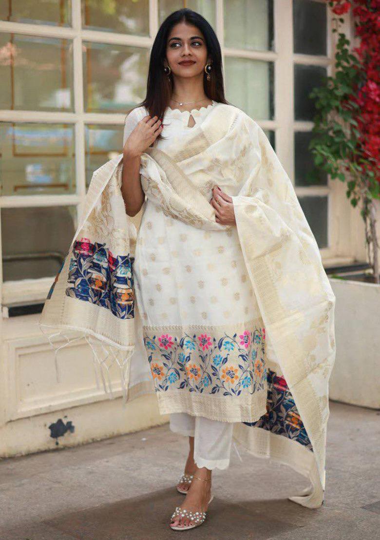 Off White Zari Woven Viscose Kurta Set - Indya