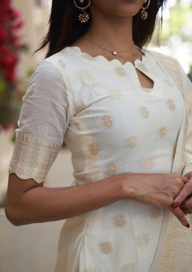 Off White Zari Woven Viscose Kurta Set - Indya