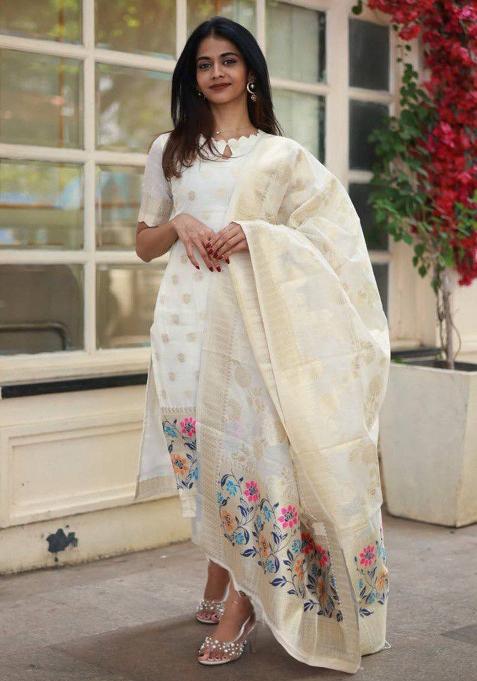 Off White Zari Woven Viscose Kurta Set
